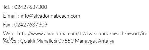 Alva Donna Beach Resort Comfort telefon numaralar, faks, e-mail, posta adresi ve iletiim bilgileri